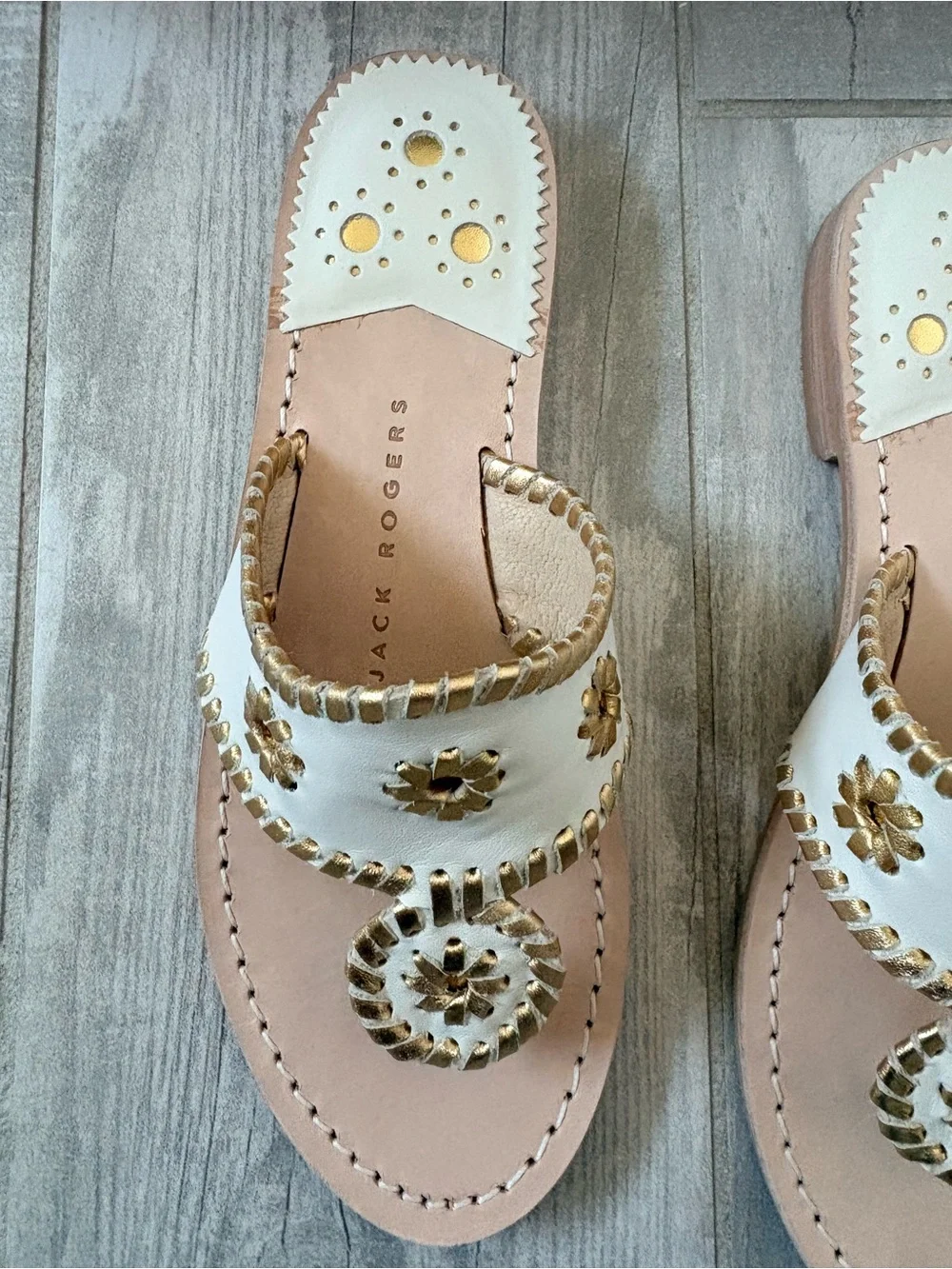 Jack Rogers White Leather Sandals with Gold Accents